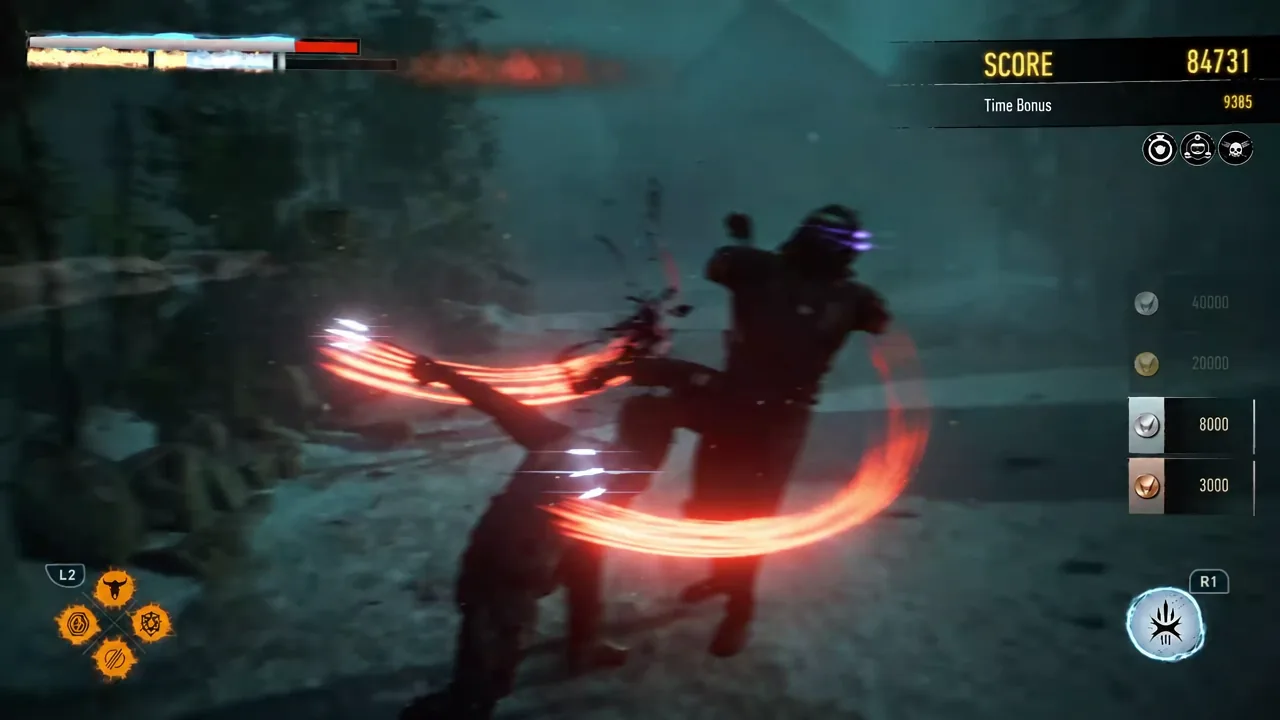 Close melee exchange against a Hand ninja with the R1 ability icon on screen