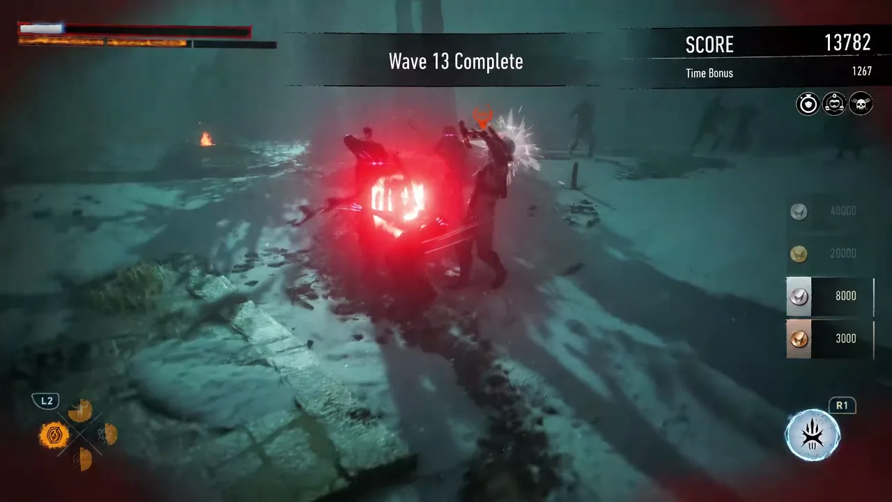 Wave 13 Complete results screen showing the wave total and time bonus