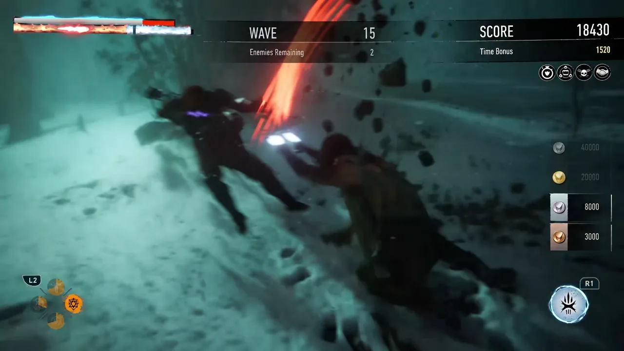 Wave 15 combat with two enemies remaining and the R1 ability icon highlighted
