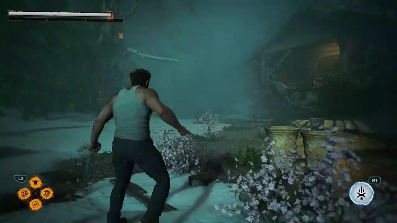 Wolverine with claws out in the misty forest arena as the L2 and R1 prompts appear on screen