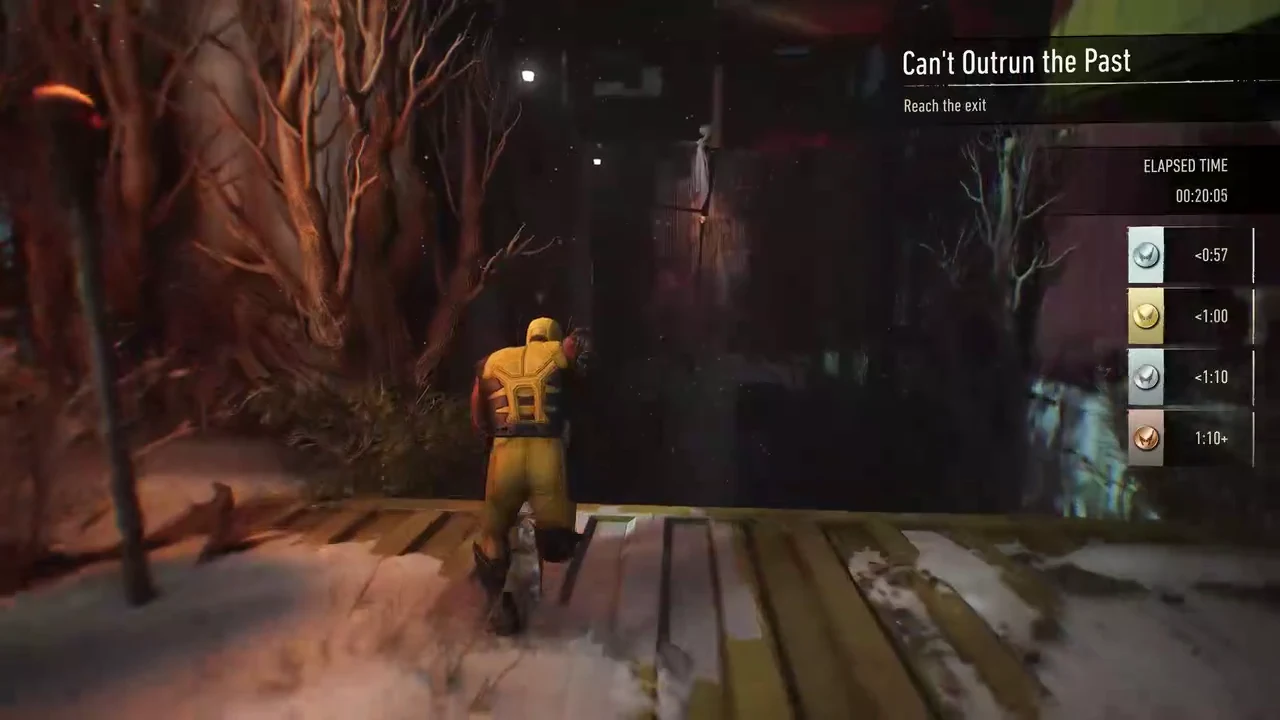 Wolverine mid-run with the elapsed time and medal thresholds displayed on the right of the screen