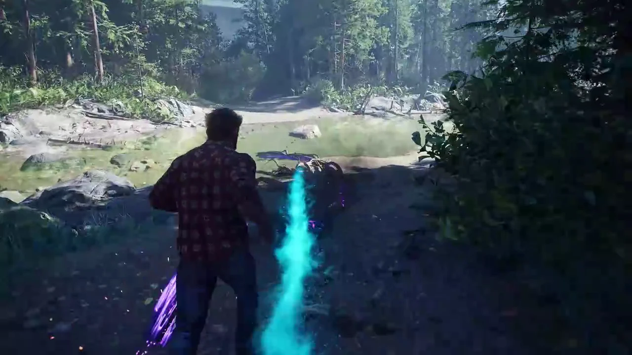 Logan in a plaid shirt following a glowing blue scent trail through the forest toward a shallow pond