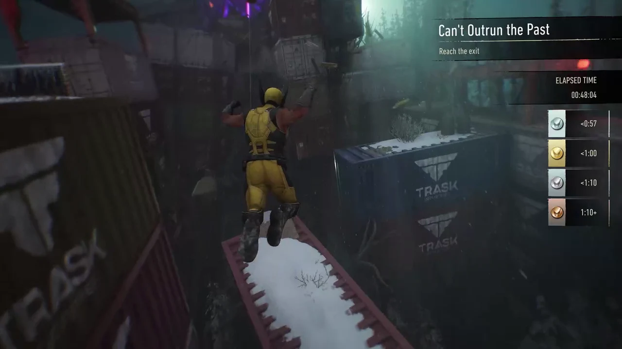 Wolverine leaping between snow-covered containers on the final approach to the exit