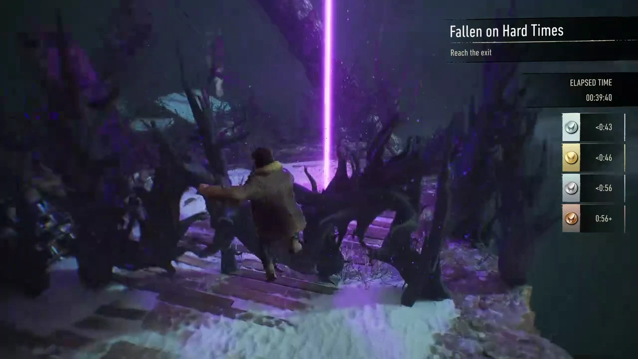 Elapsed time and medal thresholds shown on the HUD during the purple-lit forest run