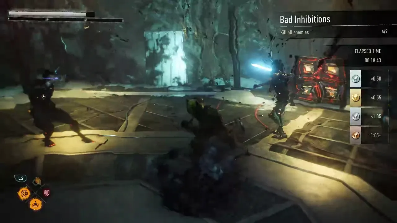 Bad Inhibitions trial in progress in the snowy arena with the kill counter at four of nine