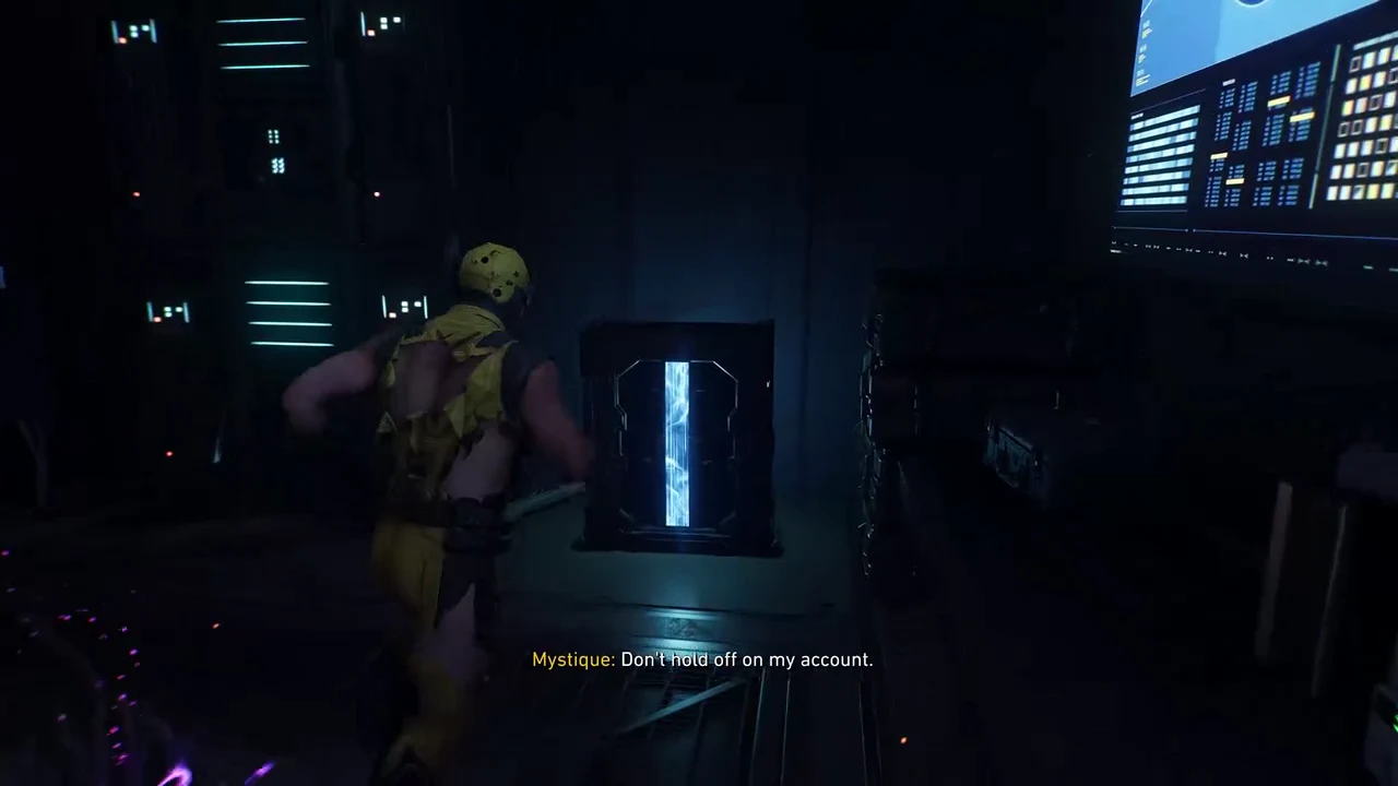 Wolverine approaching the glowing blue barrier at the end of the storage corridor