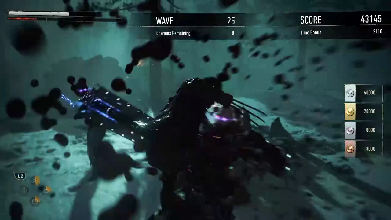 Wave 25 in progress with eight enemies remaining on the HUD during a strike