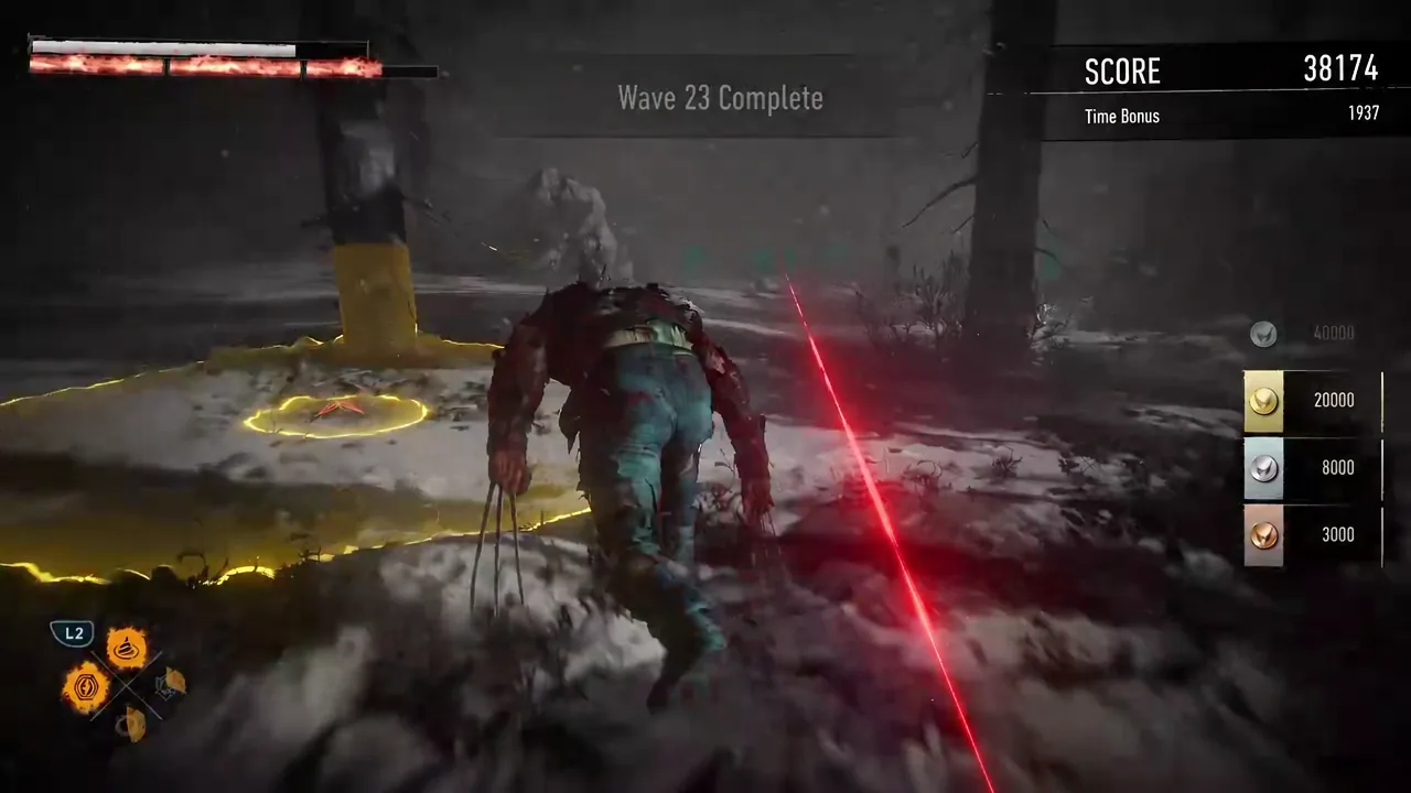 Wave 23 Complete HUD showing score and time bonus as Logan moves through the arena