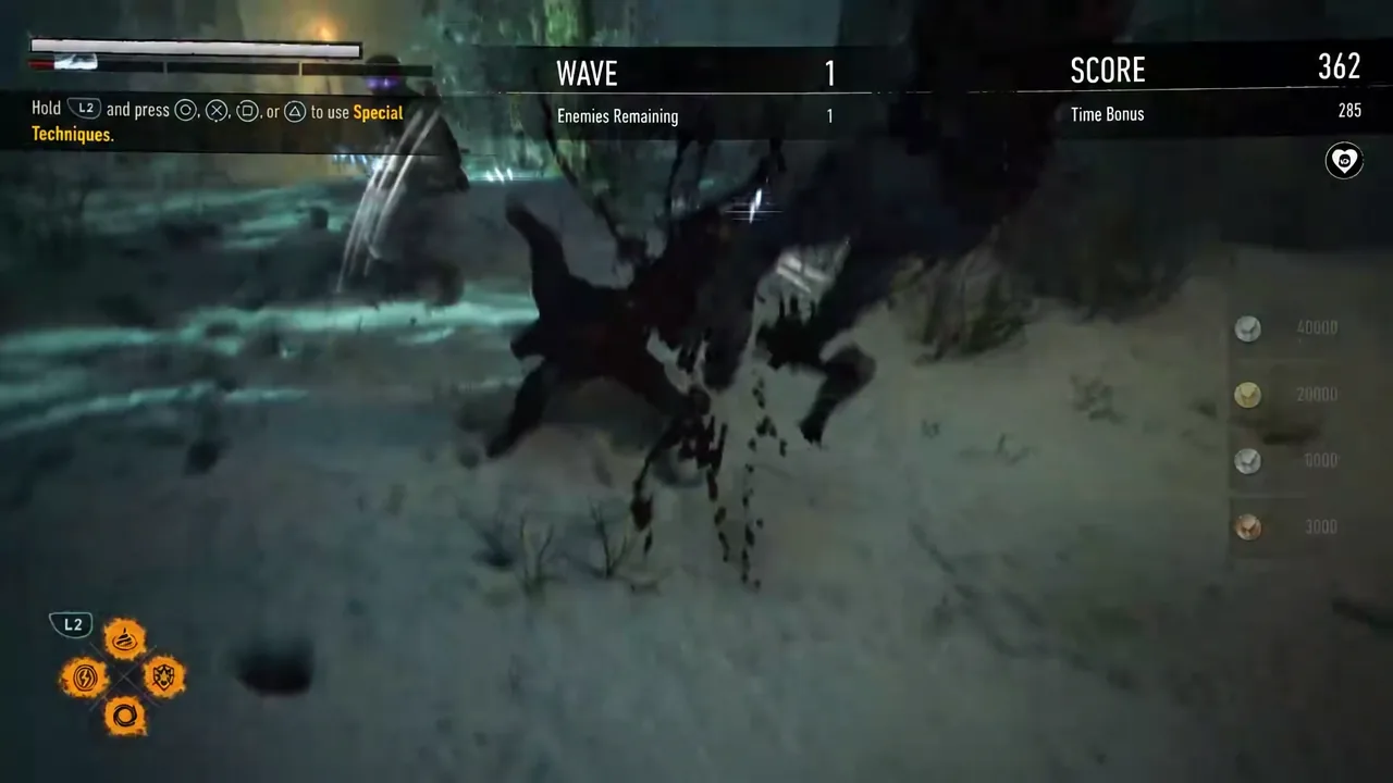 Wave 1 of the trial with the Special Techniques prompt on screen during an attack