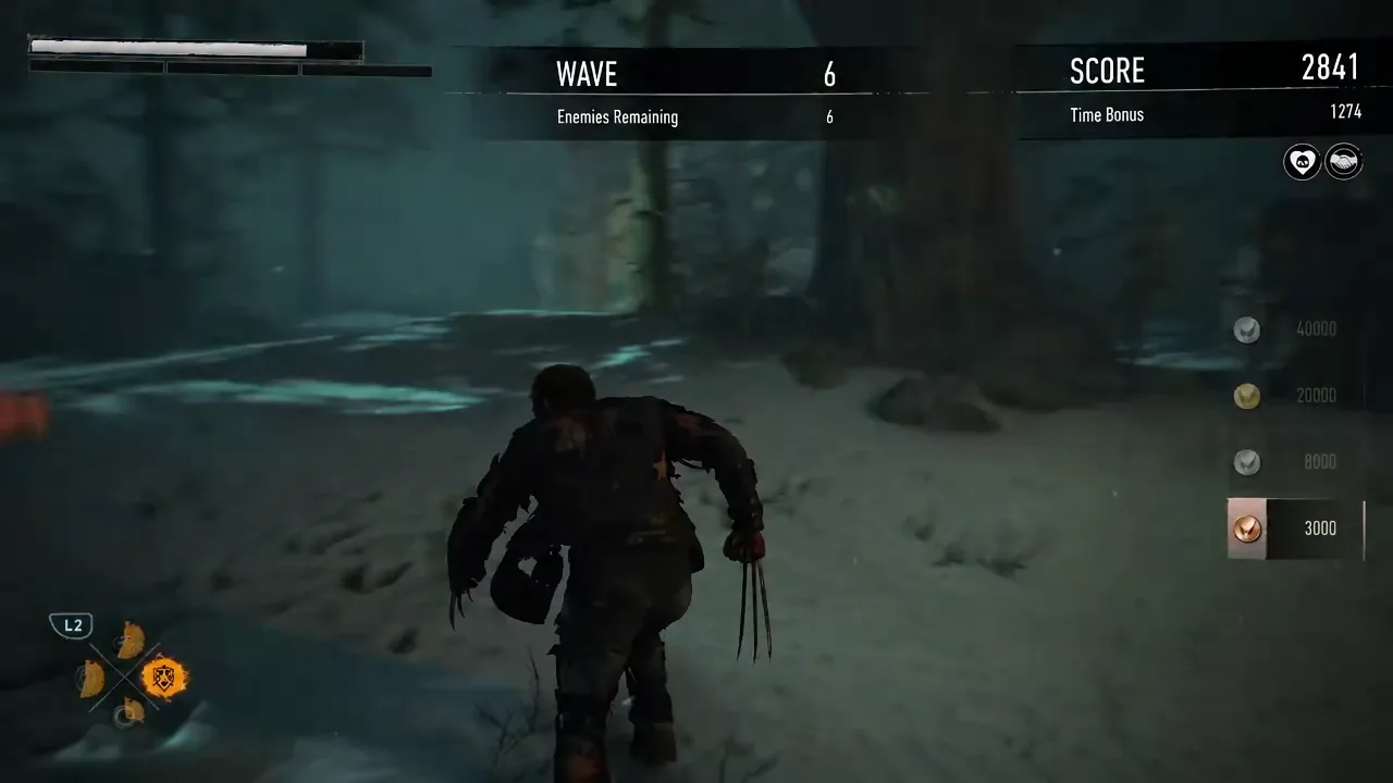 Wave 6 gameplay with an ability selected in the lower-left radial menu and six enemies remaining