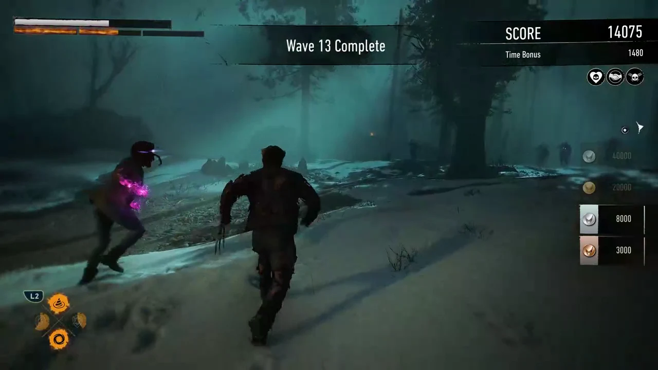 Wave 13 Complete on the HUD with a score of 14,075