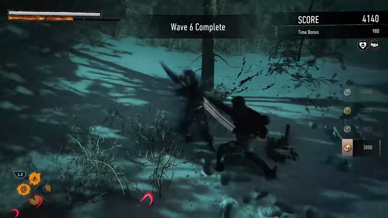 Wave 6 Complete message shown as Logan lands a melee strike in the snowy arena