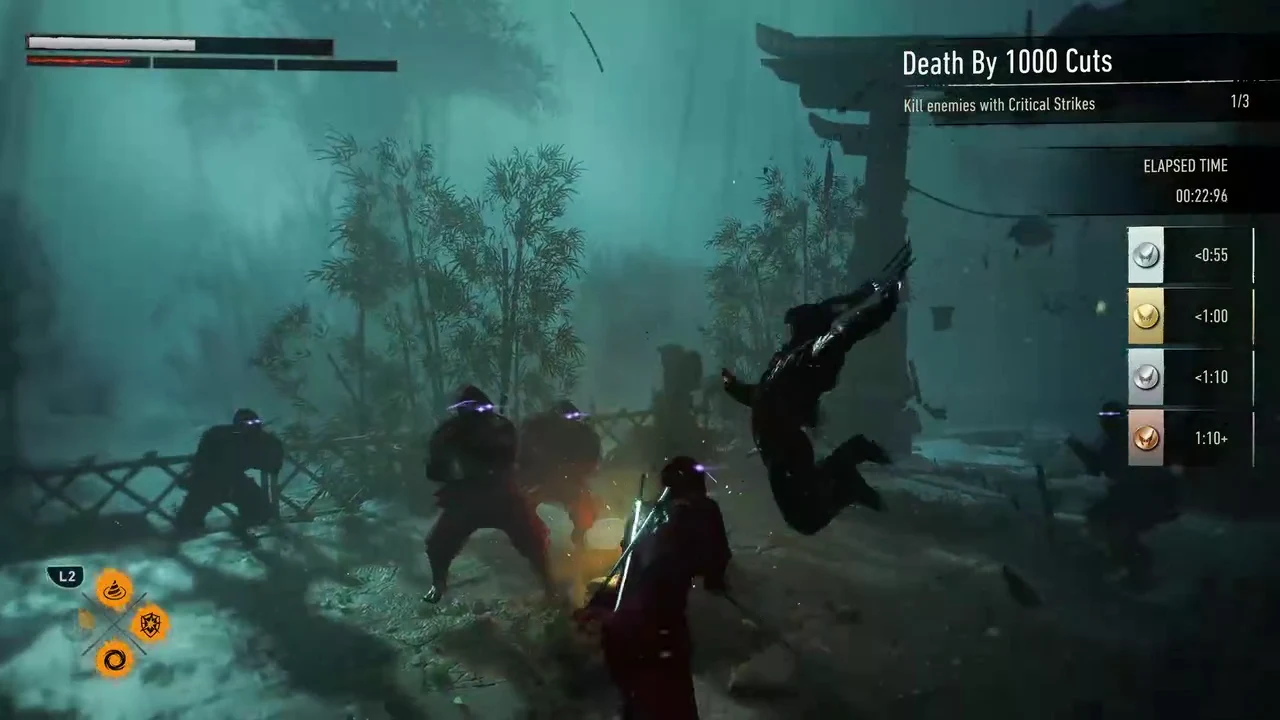 The objective tracker reads 1/3 while Logan fights several ninja at once