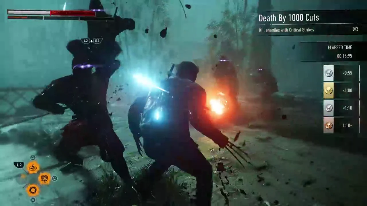 Logan performs a Critical Strike on a ninja in the rainy bamboo forest arena