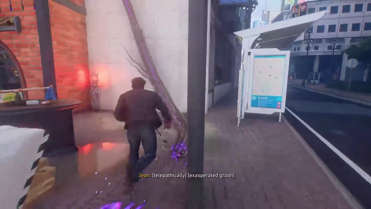 Glowing purple energy trail running along a ruined Shinjuku sidewalk during the Bad Blood chapter