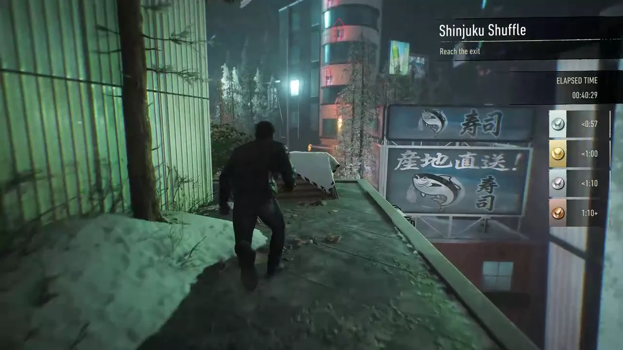 Rooftop section of the Shinjuku Shuffle course with the Reach the exit marker ahead