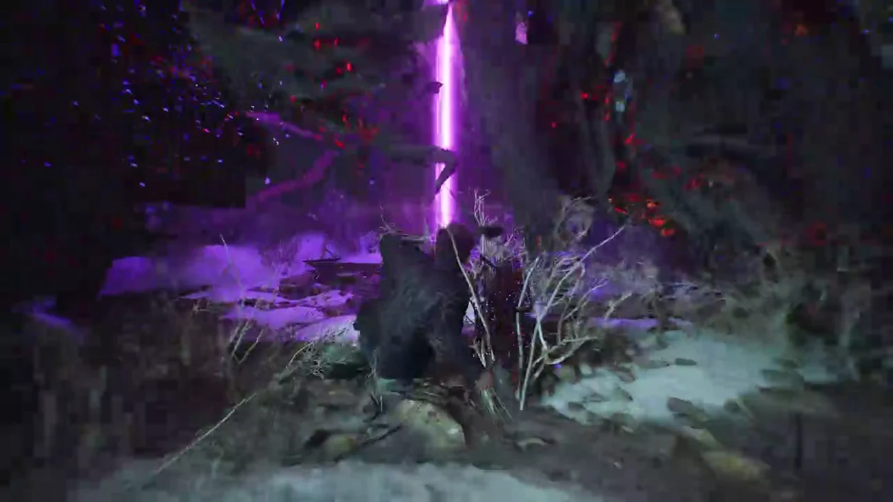Final floating platforms leading into the purple light beam that ends the trial