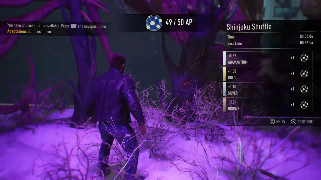 Trial results screen showing the Adamantium rank, final time, and retry or continue options