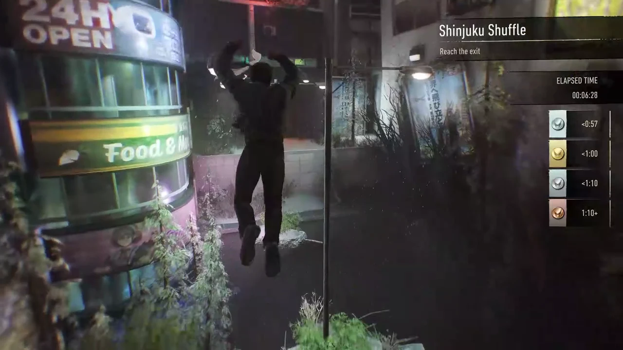 Logan leaping across a ruined Shinjuku street section during the timed traversal course