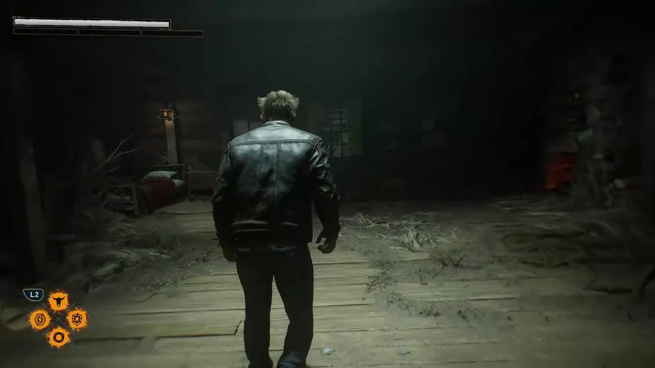 Logan following the wooden walkway toward the Nightmare Door with the sprint prompt on the HUD