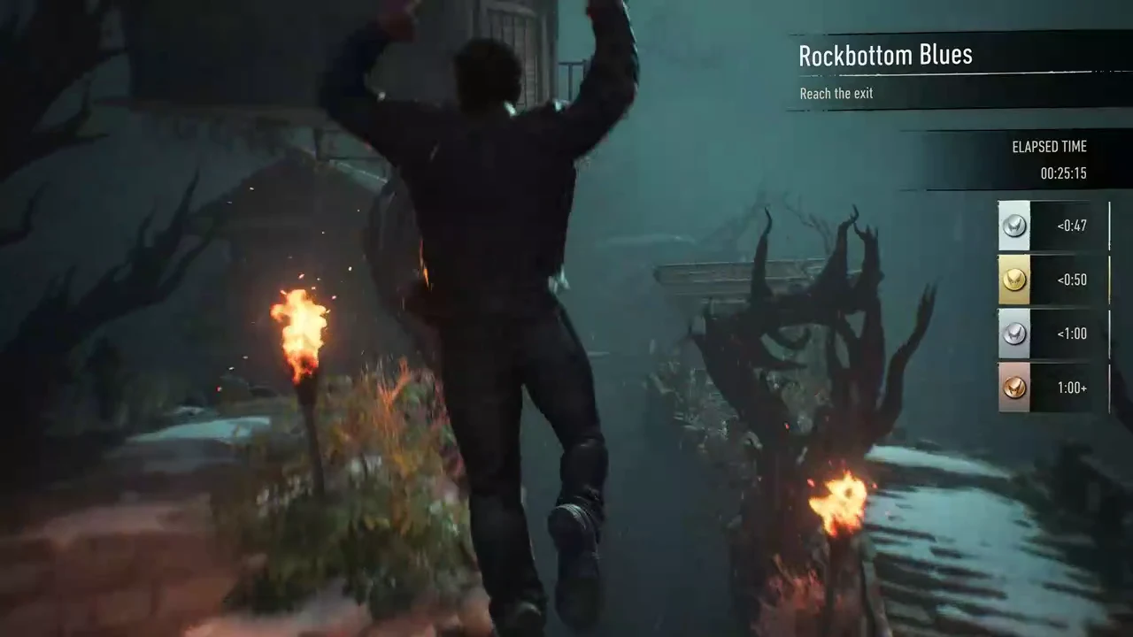 The Reach the exit objective displayed as Logan runs through the temple grounds