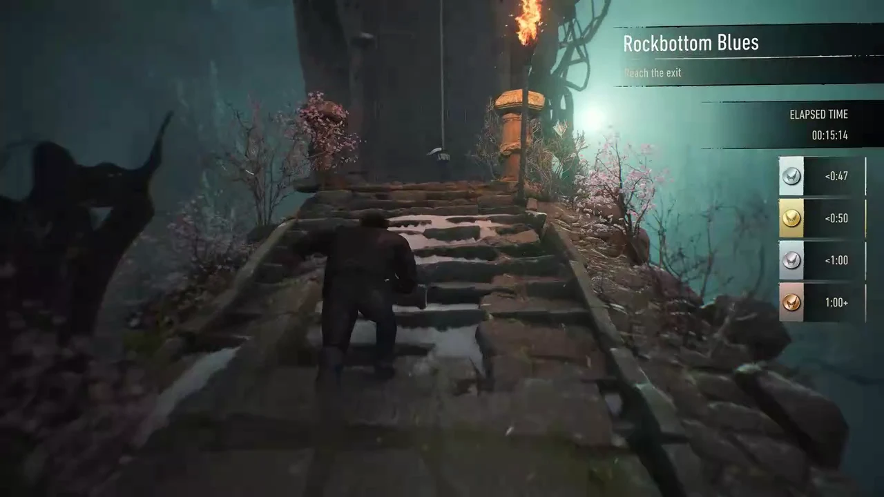Elapsed time and medal thresholds on screen while Logan climbs the snowy temple steps