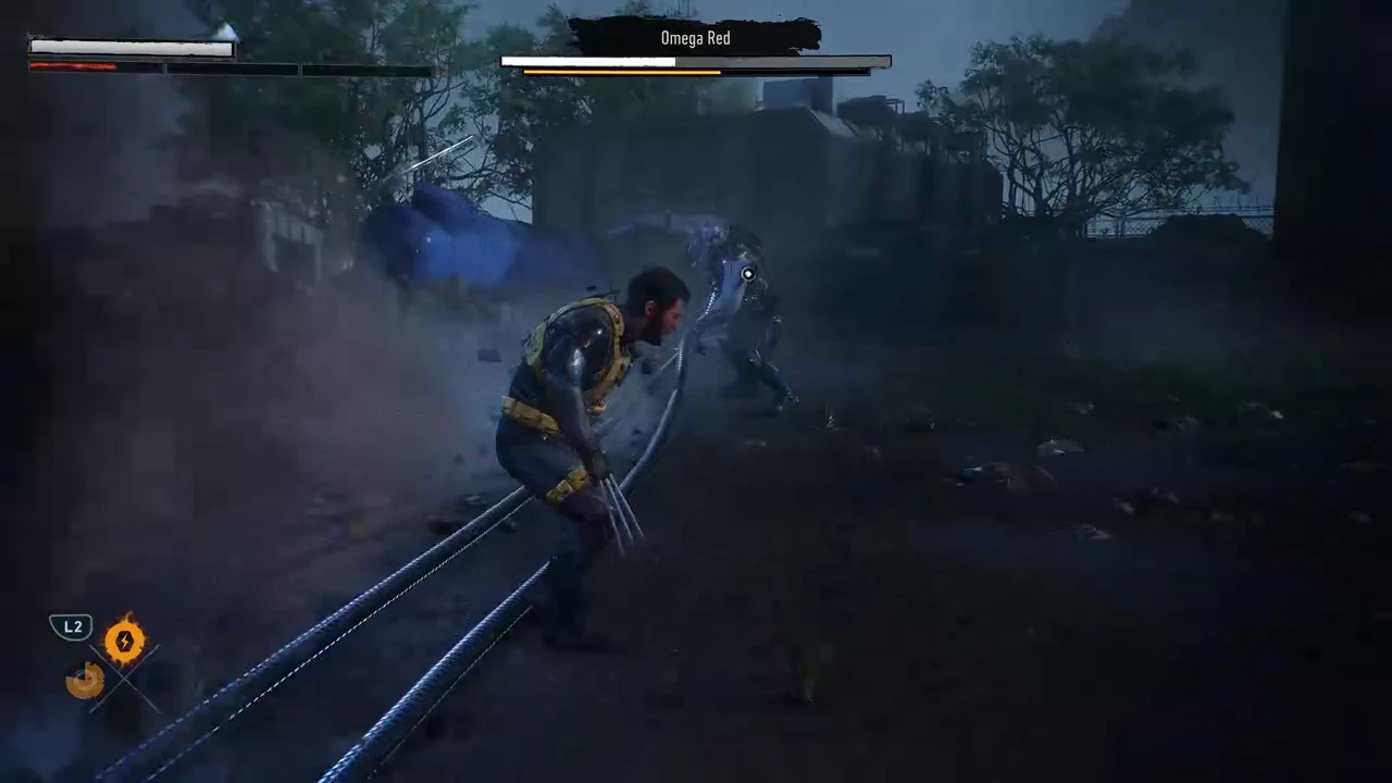 Wolverine trades blows with Omega Red while the boss health bar sits at the top of the screen