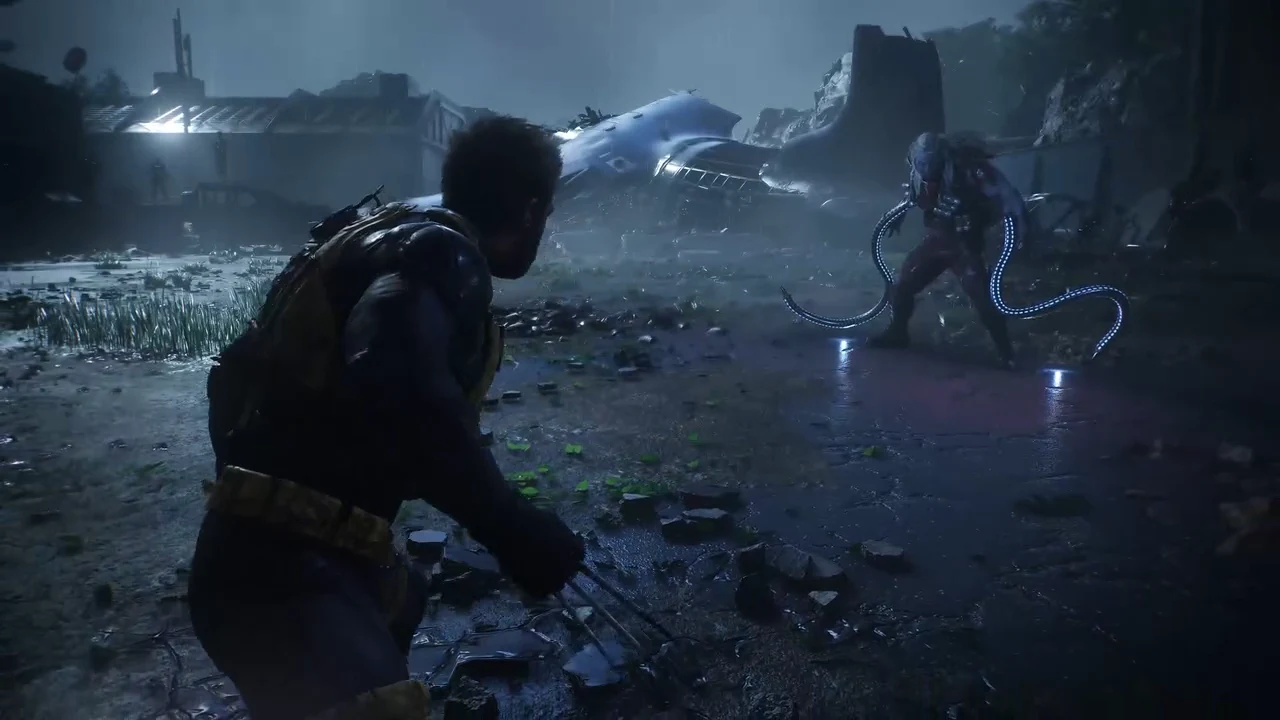 Wolverine crouches opposite Omega Red at the rain-soaked crash site as phase two begins