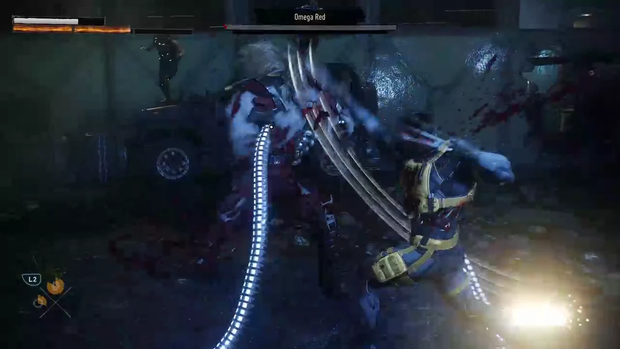 A close-range attack lands on Omega Red as his health bar drops in the final stretch of the fight
