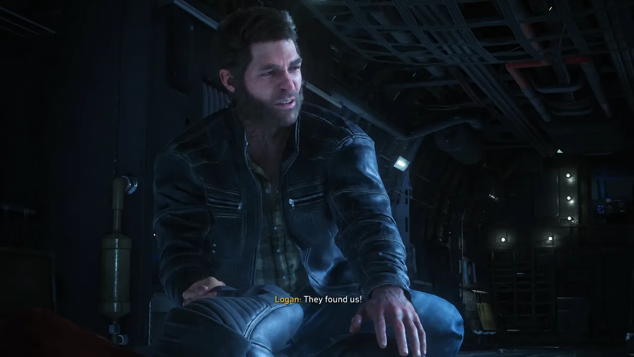 Logan inside the aircraft during a cutscene with the subtitle They found us on screen