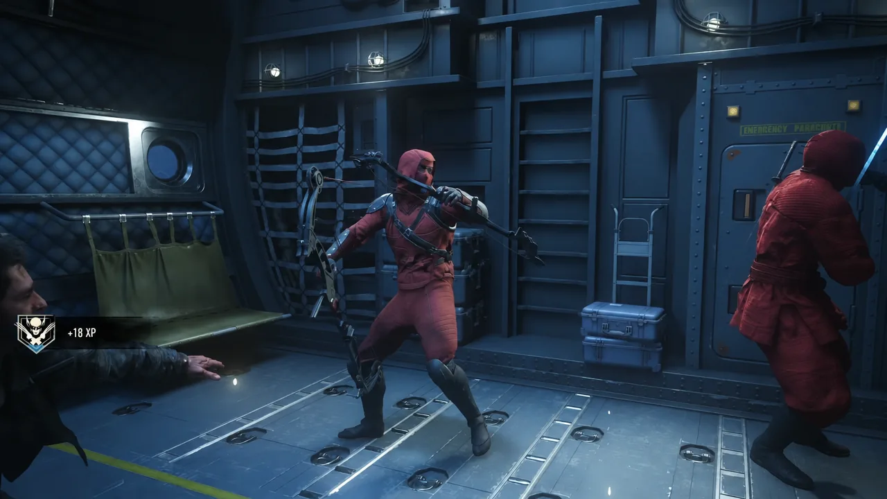 Red-hooded Hand archer drawing a bow inside the plane's cargo bay during gameplay