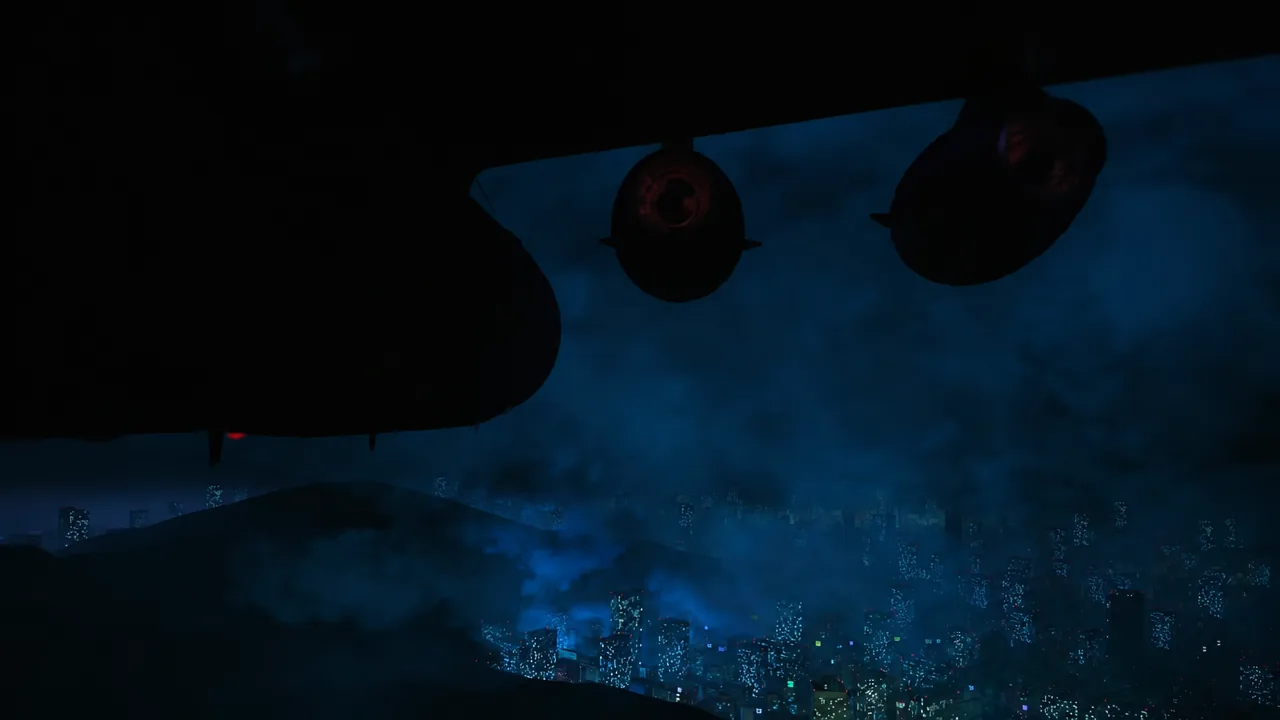 Cargo plane flying through storm clouds toward the lit Tokyo skyline at night