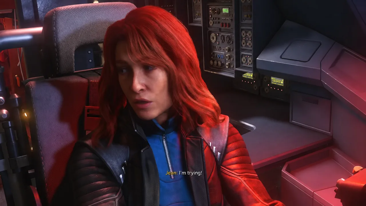 Logan fastening a red parachute onto Jean Grey inside the plane cabin