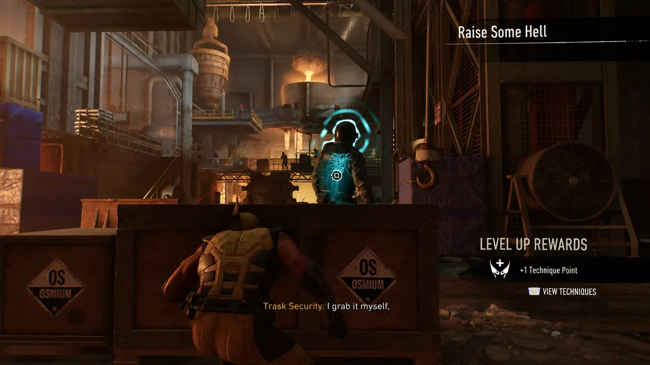The Raise Some Hell objective on screen with a Square button prompt over a guard as Logan closes in