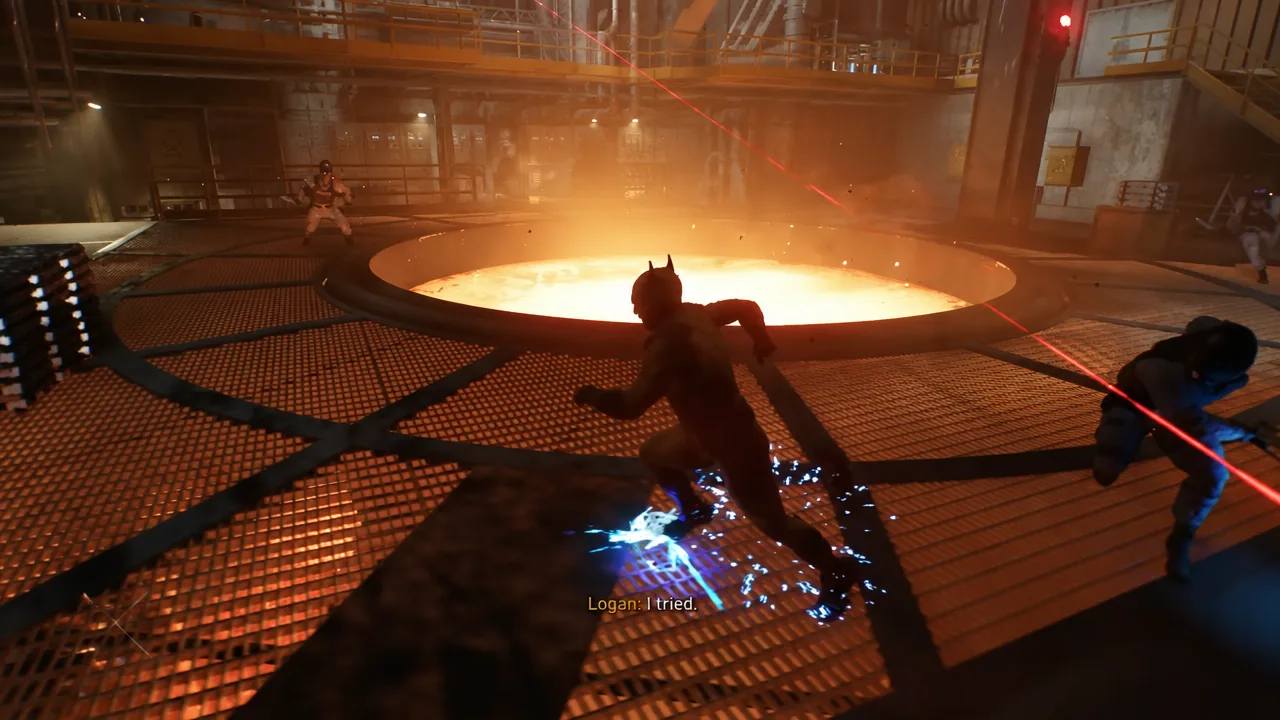 Logan striking an enemy beside the glowing molten vat while other Reavers aim lasers at him