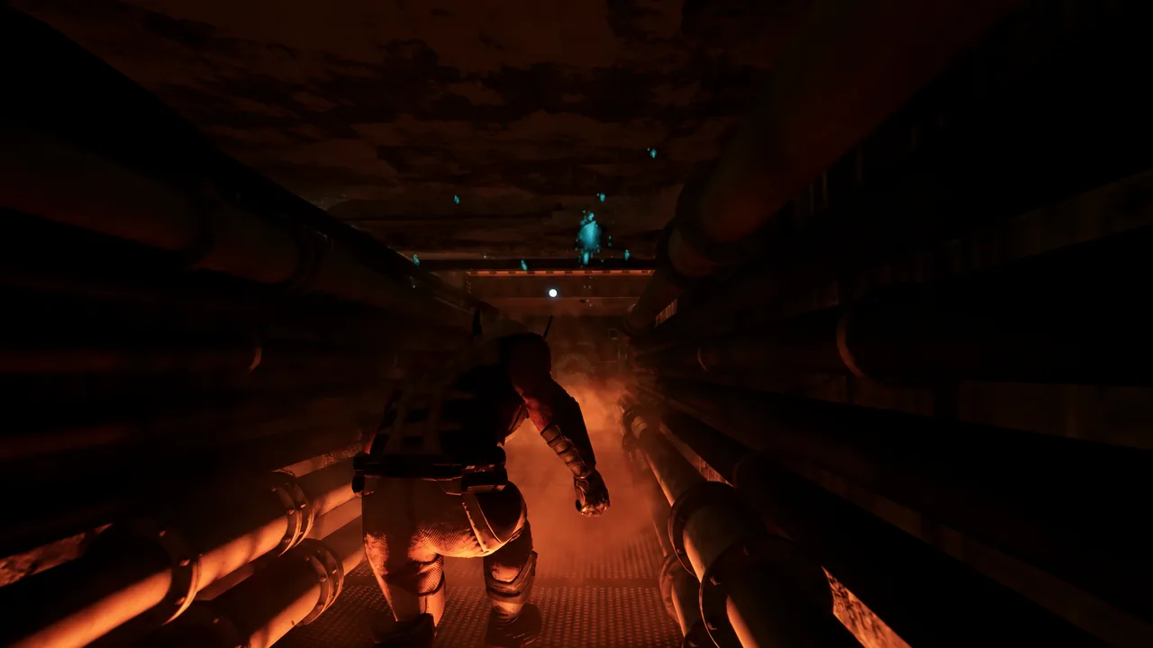 Logan crawling through a dark, pipe-lined vent corridor lit by blue hazard lights inside the refinery