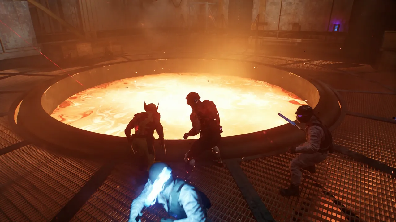 Armored Reavers ringing the glowing molten pit as Logan crouches in the foreground