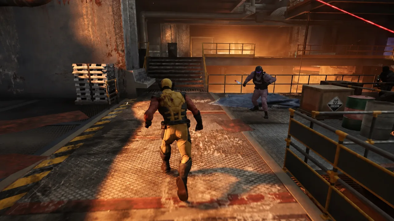 Logan sprinting across an industrial platform toward an armed guard in the smelting area