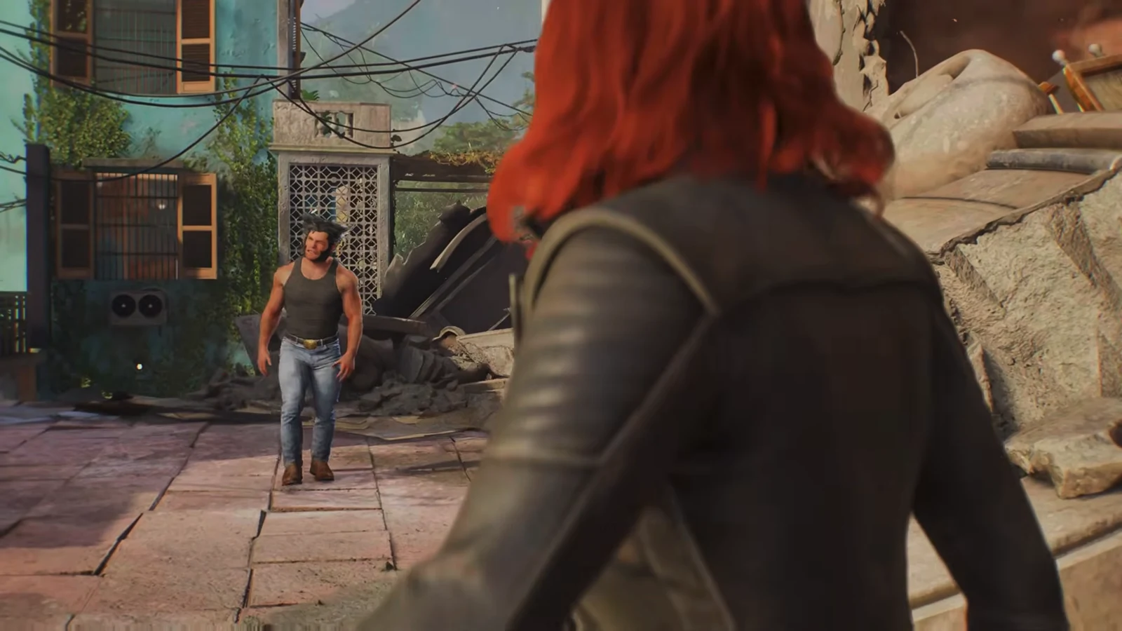 Jean Grey and Logan catch their breath in the rubble before the fish market detour