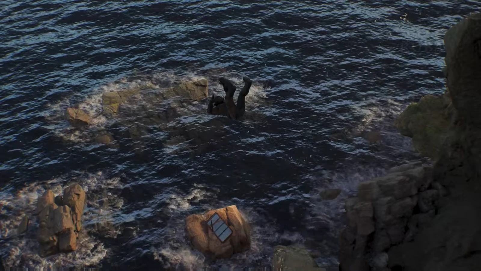 Logan shoves Sabretooth over the edge of a cliff above rocky water