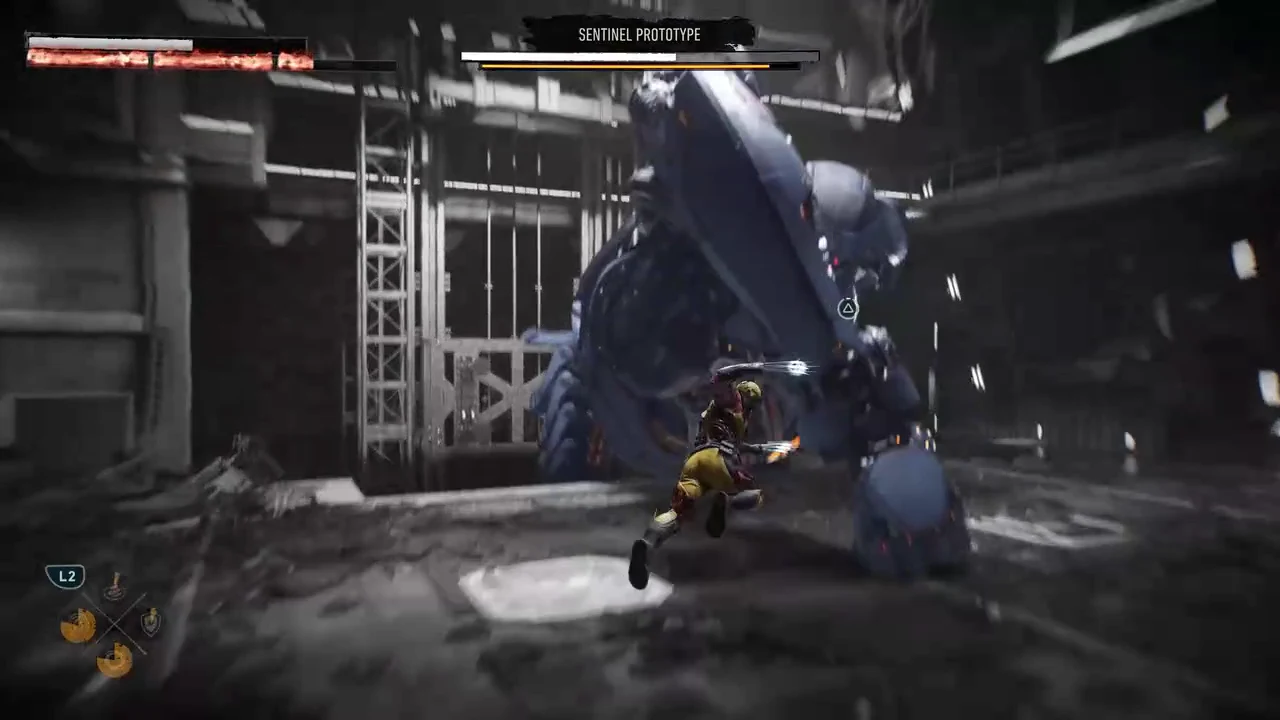 A button prompt appears as Wolverine stabs the Sentinel Prototype's shoulder joint