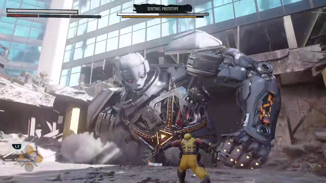 Wolverine in his yellow suit destroying the Sentinel Prototype's remaining arm panels