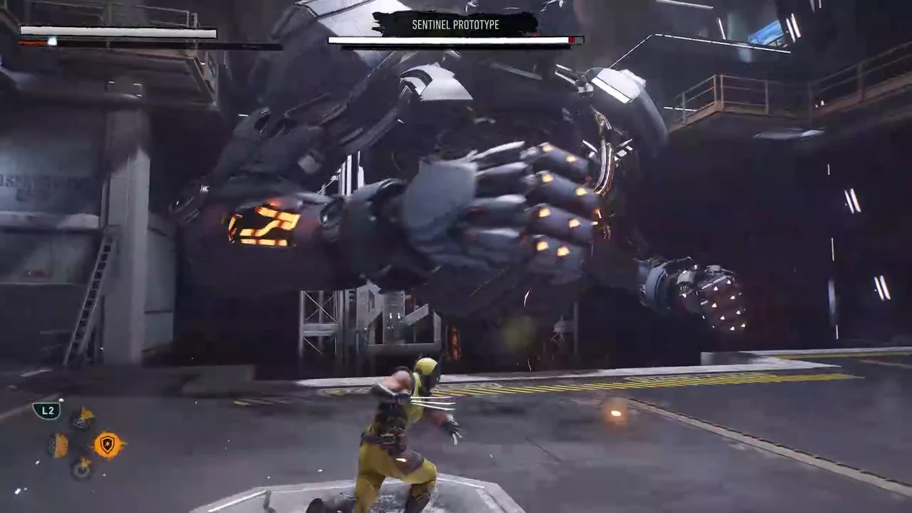 Wolverine tearing into the Sentinel Prototype's lit arm panels with the boss health bar on screen