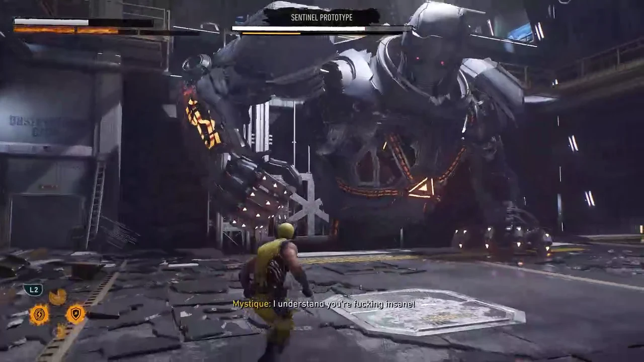 Wolverine circling the Sentinel Prototype as its eye beams sweep the hangar floor