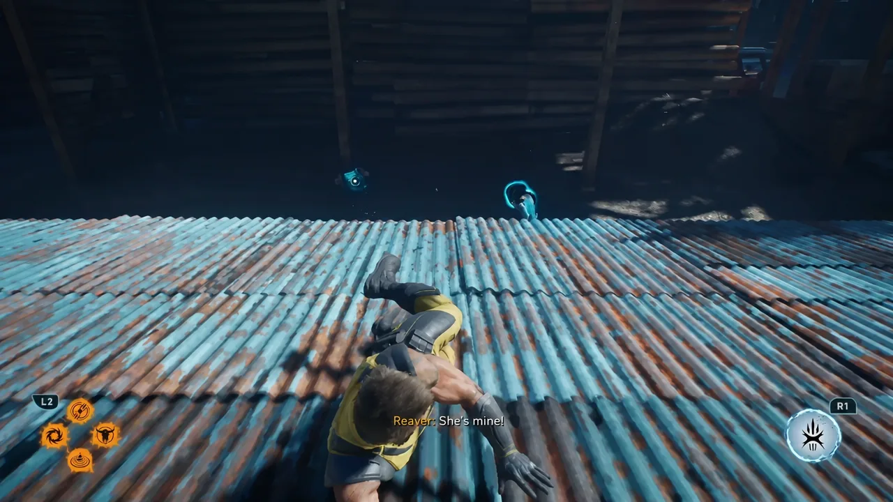 Logan knocked down on the corrugated roof mid-fight with L2 and R1 combat prompts on screen