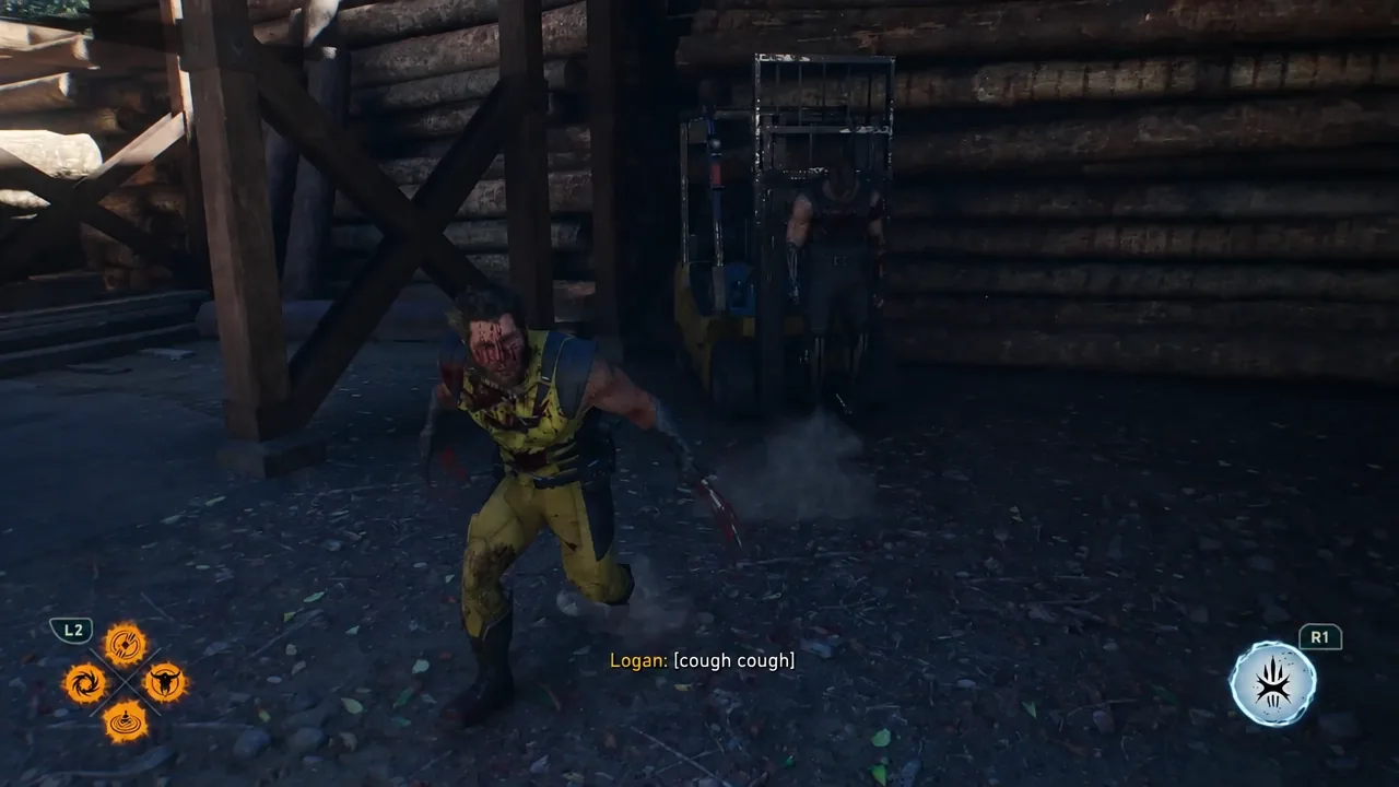 Logan coughing as the Reaver encounter ends, with combat prompts still on the HUD