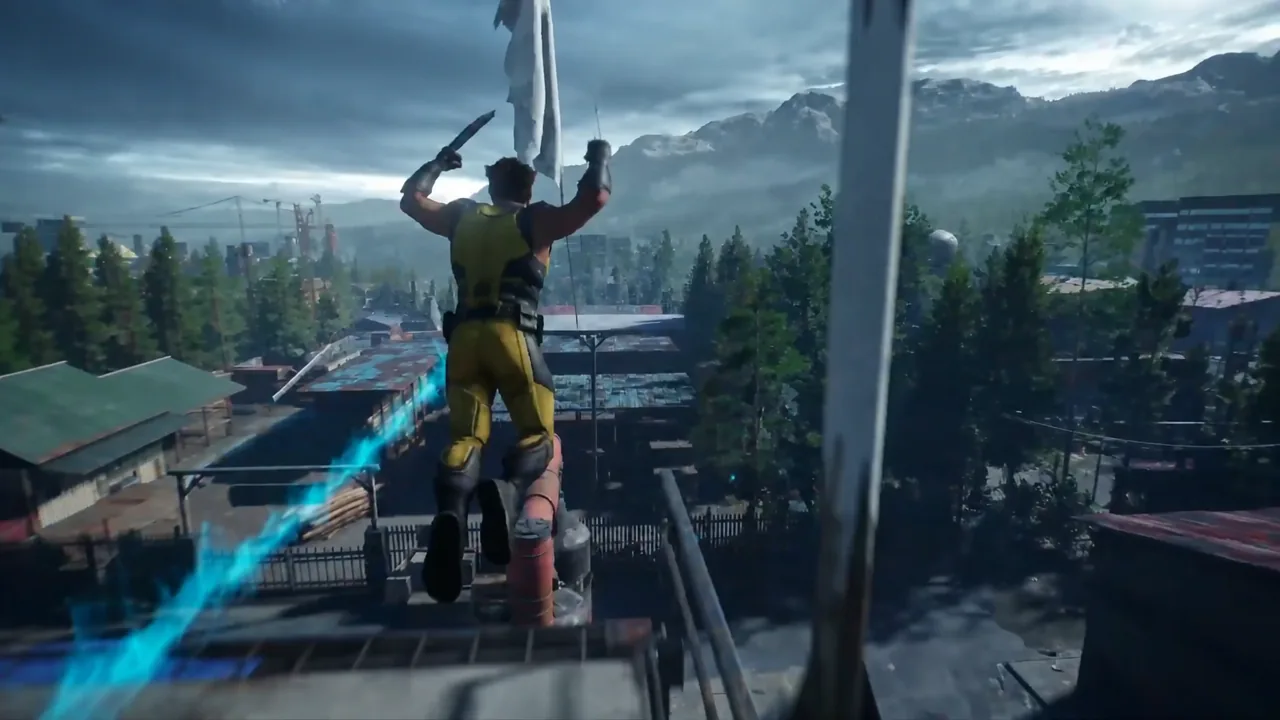 Logan riding the long zipline down toward the camp rooftops in The One That Got Away