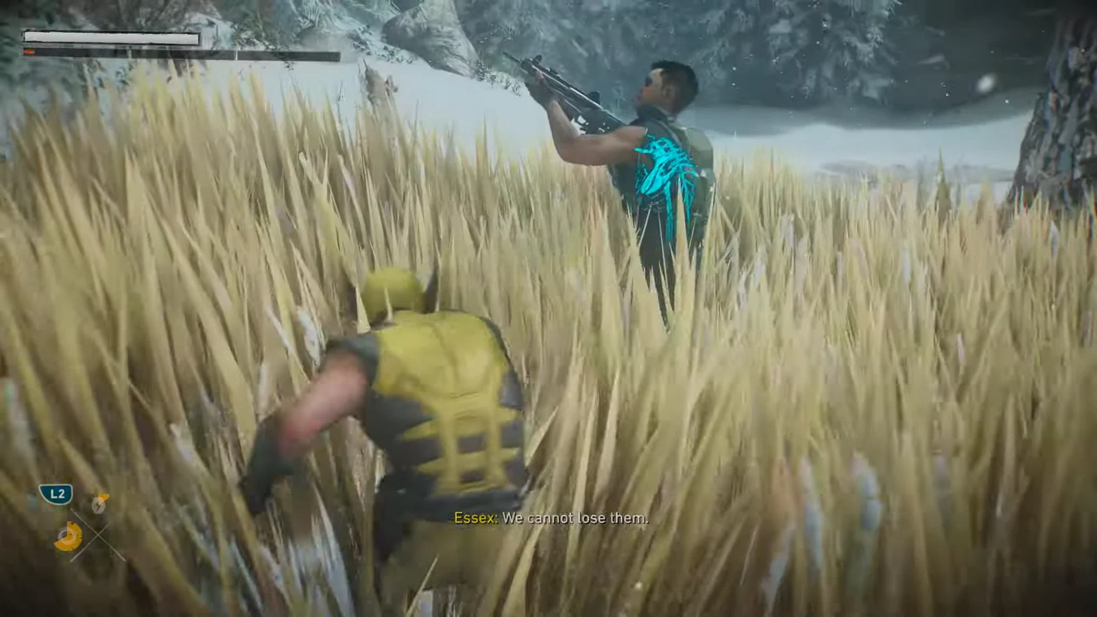 Crouched in grass with L2 held, lining up a Reaver for a stealth takedown