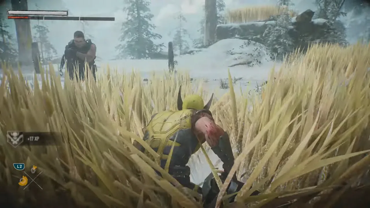 Holding L2 while crouch-walking toward an unaware enemy through grass