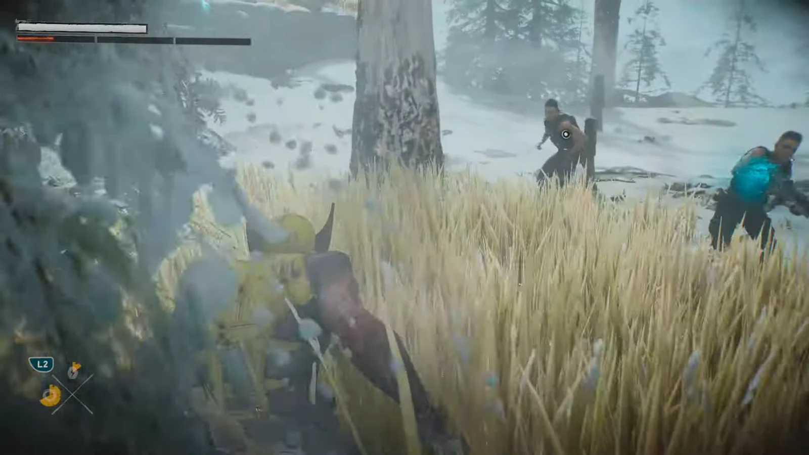 Crouched in tall grass in a snowy forest with two Reavers standing close by